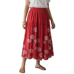 Laffaire Women Floral‎ A Lined Red Embroidered Pull On Maxi Skirt Size M NWT